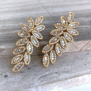 NEW ~ Anthropologie Pavé X Baguette Fancy Flower Drop Stud Gold Earrings